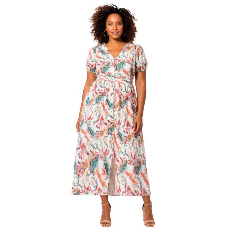 アベニュー レディース トップス 衣装 つけ加える大きさ midi Avenue Women\u0027s Plusize Button Front Midi Dress Ivory Multi Flowers 象牙色