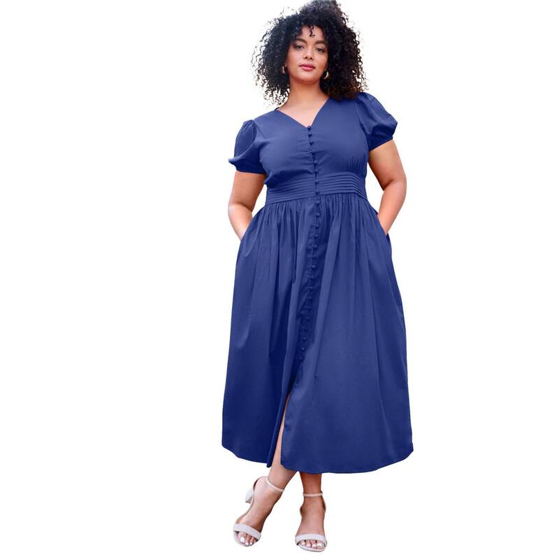 アベニュー レディース トップス 衣装 つけ加える大きさ midi Avenue Women\u0027s Plusize Button Front Midi Dress Ultra Blue 青み
