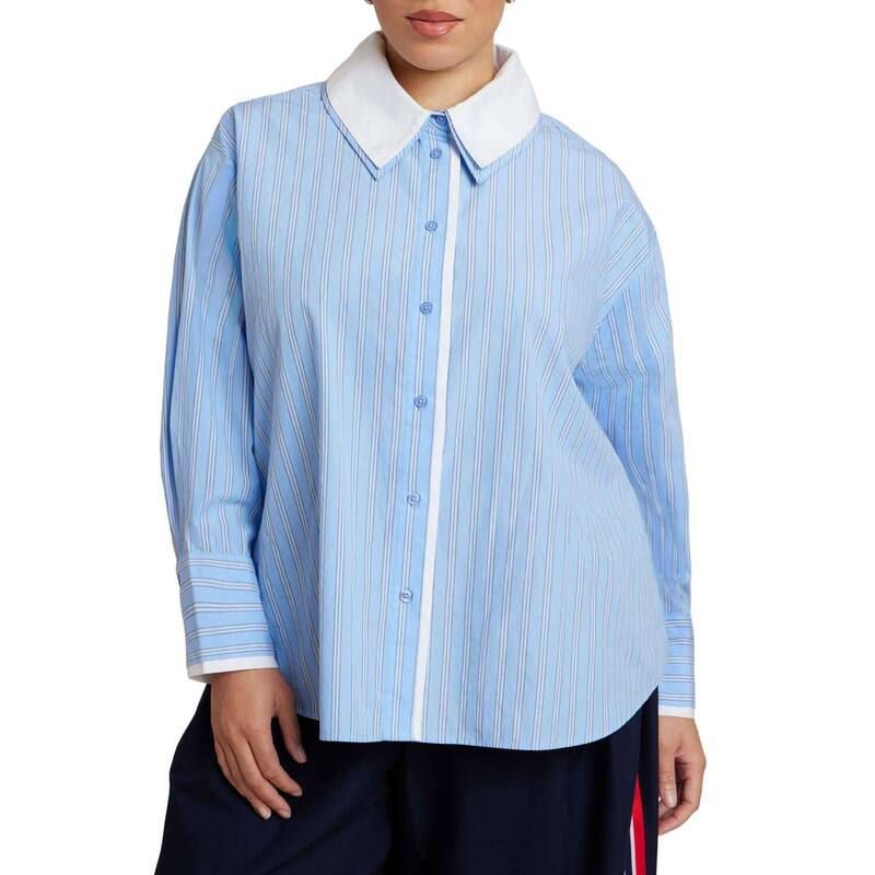 エロクイ レディース トップス プルオーバー つけ加える大きさ ELOQUII Women\u0027s Plusize Double Collared Button Up Topreppy Stripe 縞模様