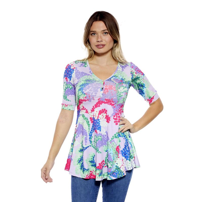 24 セブンコンフォート レディース トップス Tシャツ Vネック Women's 24Seven Comfort Apparel V-Neck Elbow Sleeve Henley Tunic Topurple Multi パープル｜ReVida 店