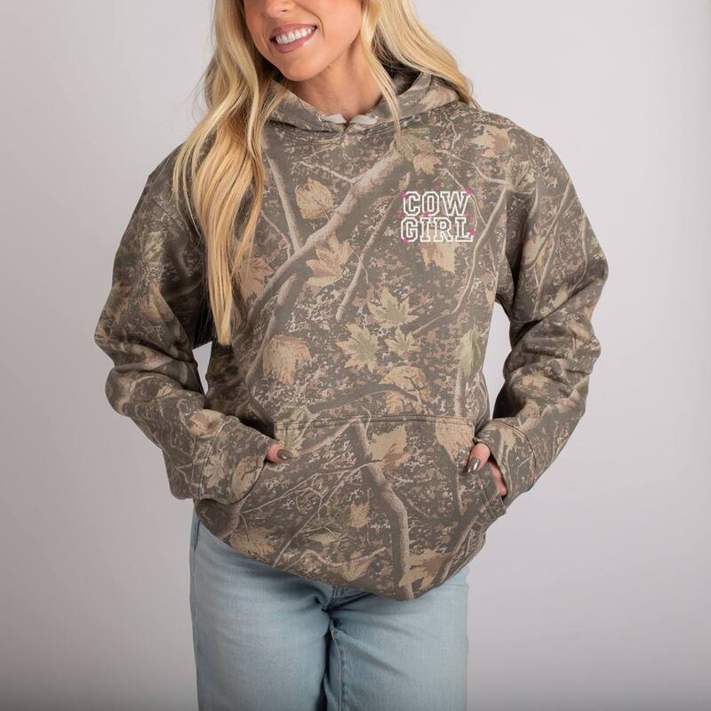 Simply Sage Market レディース トップス Tシャツ 刺繍 パーカー Simply Sage Market Embroidered Cow Girl Stacked - Camo Hoodie Camo