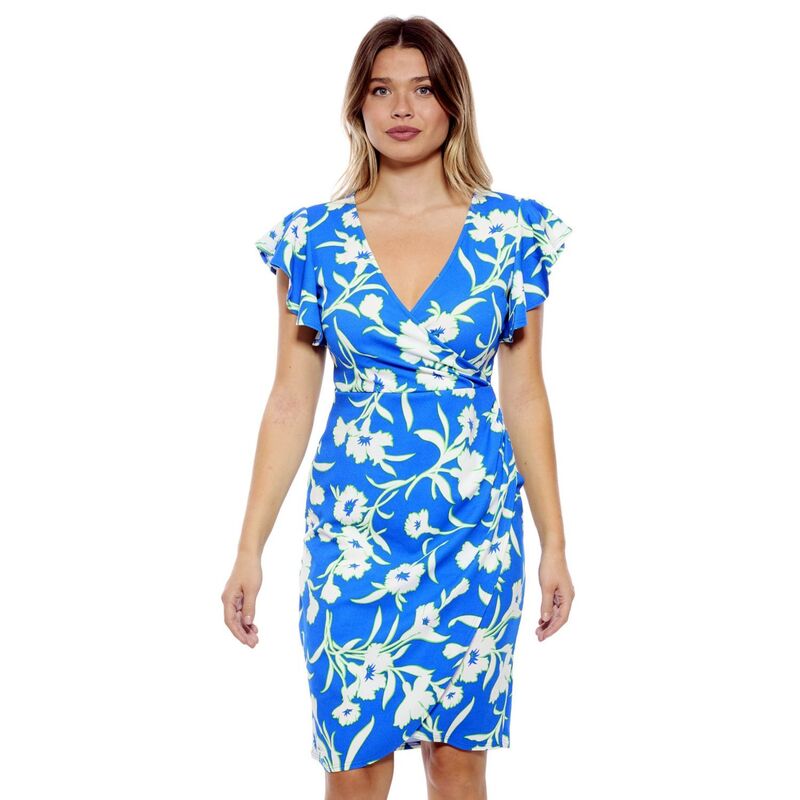 24 セブンコンフォート レディース トップス ワンピース フラワー柄 フラワー Women's 24Seven Comfort Apparel Floral Flutter Sleeve Faux Wrap Dress Blue Multi ブルー｜ReVida 店