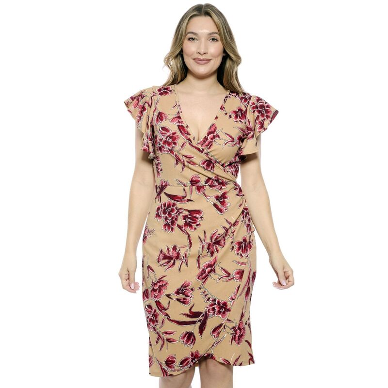 24 セブンコンフォート レディース トップス ワンピース フラワー柄 フラワー Women's 24Seven Comfort Apparel Beige Floral Flutter Sleeve Faux Wrap Dress Beige Multi ベージュ｜ReVida 店