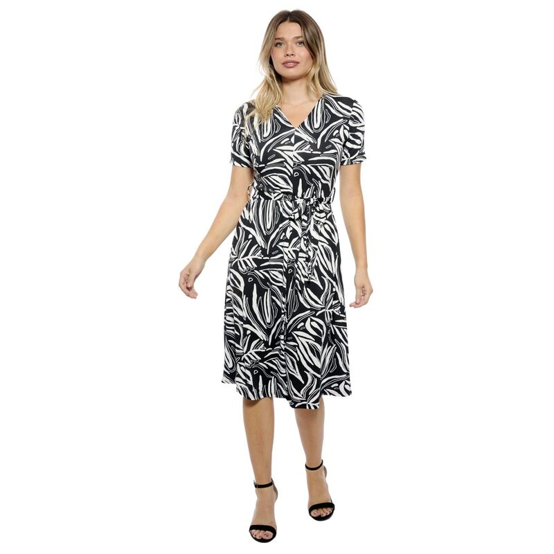 24 セブンコンフォート レディース トップス ワンピース Vネック A ライン ミディ Women's 24Seven Comfort Apparel Abstract V-Neck Short Sleeve A-Line Midi Dress Black Multi ブラック｜ReVida 店