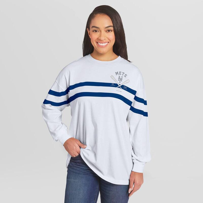 お召しもの バイ エリン アンド濫りがわしい レディース トップス ティーシャツ Women\u0027s WEAR by Erin Andrews White New York Mets Oversized Long Sleeve Striped T-Shirt Met White 白いこと トップス-Tシャツ・カットソー-レディースファッション