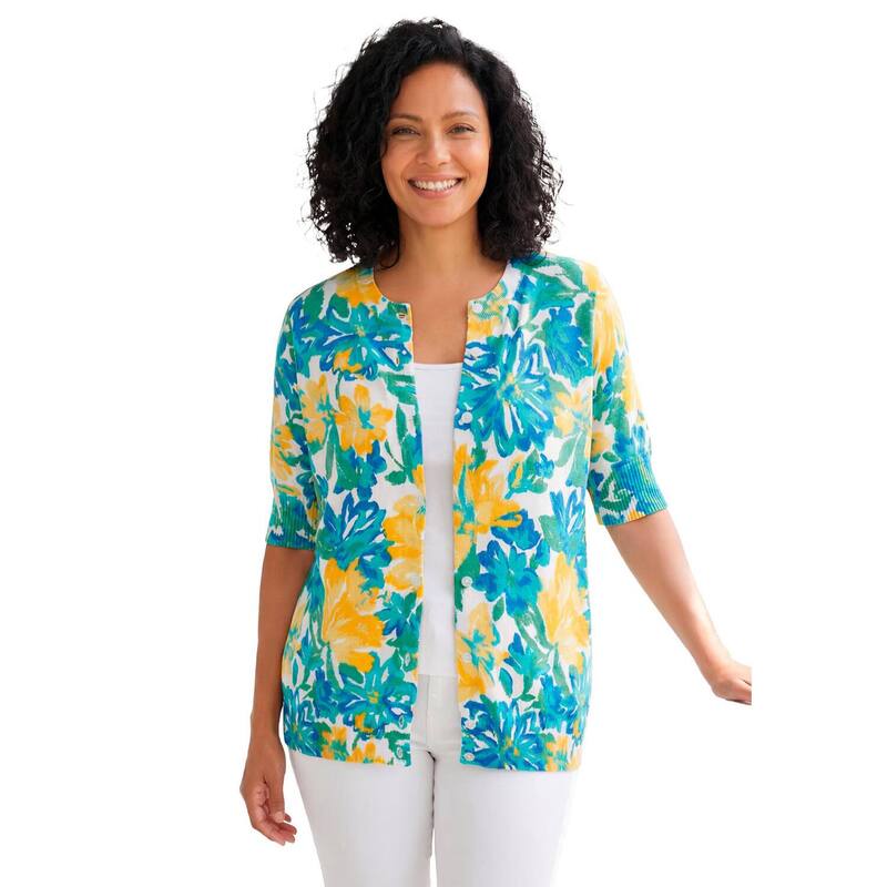 ウーマン ウィズイン レディース アウター ニット・セーター プラスサイズ カーディガン Woman Within Plusize Perfect Elbow-Length Sleeve Cardigan Sweater Yellow Painted Floral イエロー｜ReVida 店 10,205円