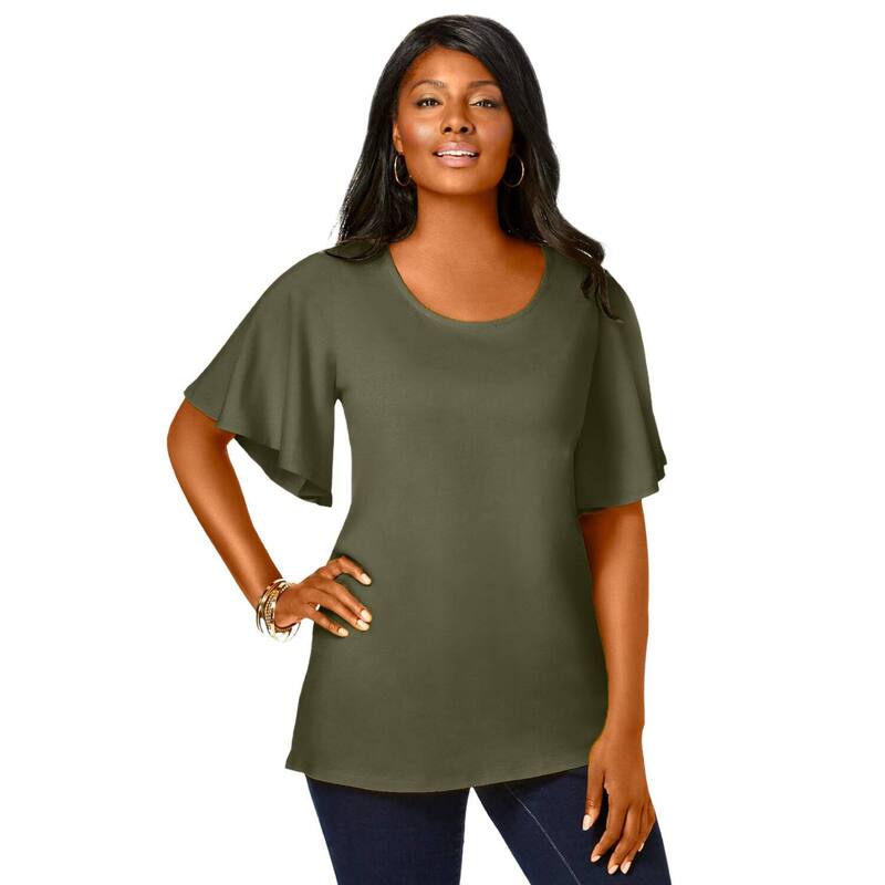 ジェシカロンドン レディース トップス Tシャツ プラスサイズ ニット Jessica London Women's Plusize Stretch Knit Flutter Sleeve Tunic Dark Olive Green グリーン|ReVida 店