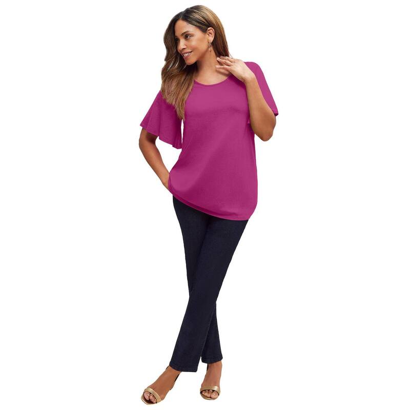 ジェシカロンドン レディース トップス Tシャツ プラスサイズ ニット Jessica London Women's Plusize Stretch Knit Flutter Sleeve Tunic Raspberry|ReVida 店