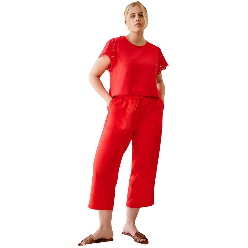 Ellos レディース ボトムス カジュアルパンツ リラックスフィット プラスサイズ キャップ リネン ellos Plusize Linen-Blendrawstring Elastic Waist Relaxed Fit Capris Hot Red レッド｜ReVida 店