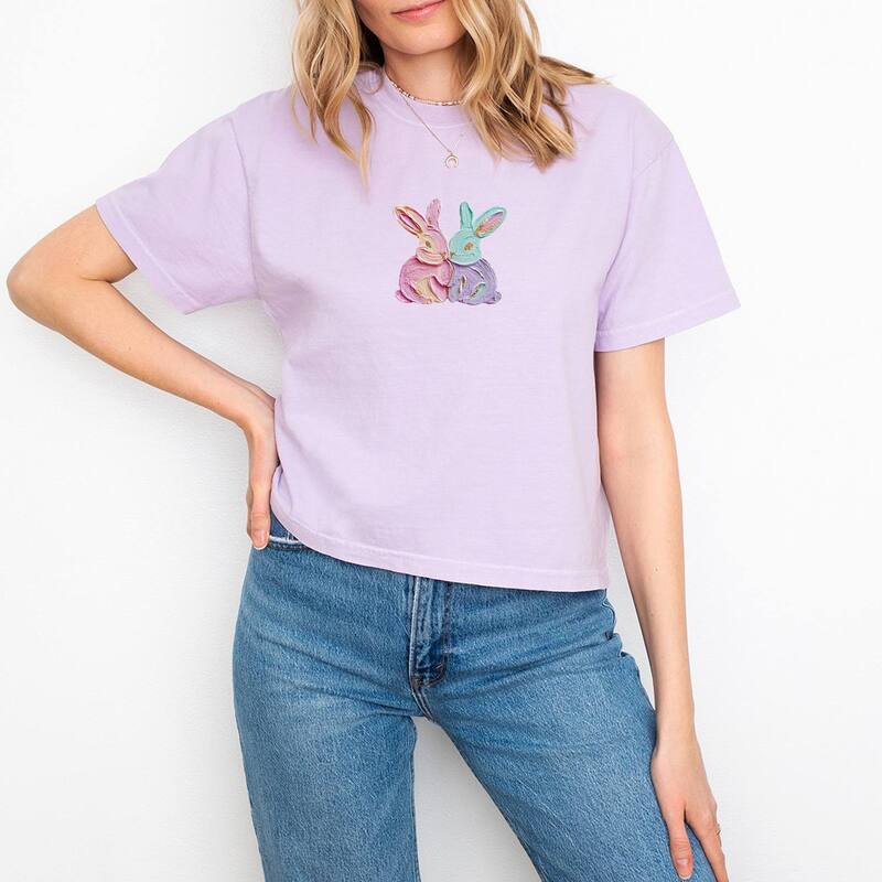 Simply Sage Market レディース トップス ティーシャツ 刷り上げる グラフィック Simply Sage Marketwo Bunnies Paint Print - Women\u0027s Boxy Crop Top Graphic T-Shirt Orchid トップス-レディースファッション-Tシャツ・カットソー