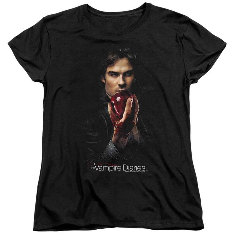 アニメ文字記号 レディース トップス ティーシャツ Licensed Character Vampire Diaries Damon Fruit Short Sleeve Womens T-shirt Black 黒いこと トップス-Tシャツ・カットソー
