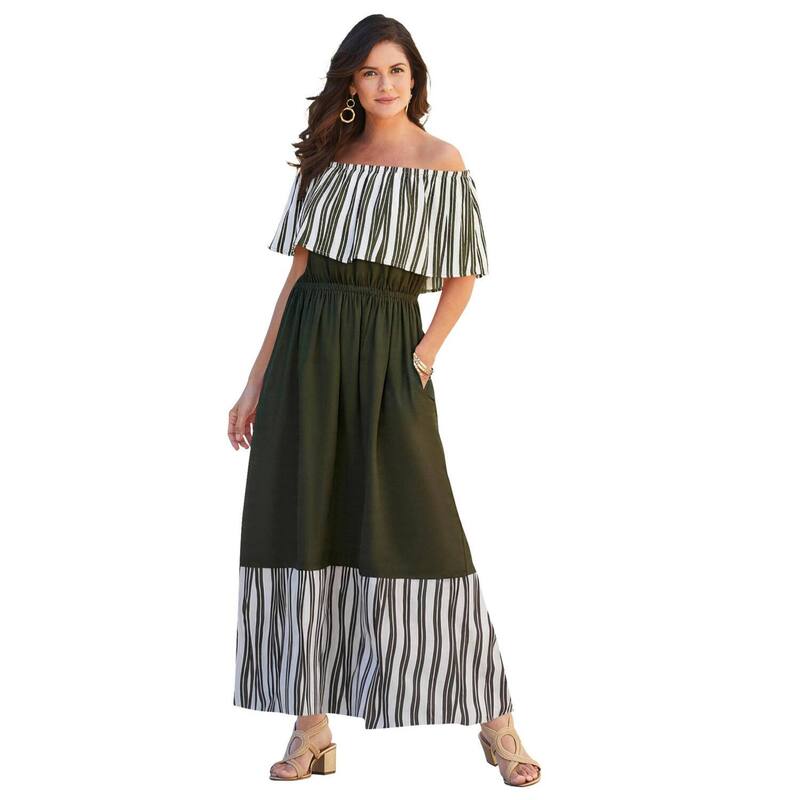 ジェシカ英国の首都 レディース トップス 衣装 つけ加える大きさ マキシ Jessica London Women\u0027s Plusize Off-The-Shoulder Maxi Dress Olive Green Stripe 緑であること