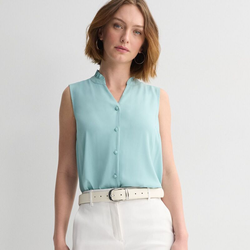 ナインウェスト レディース トップス プルオーバー フラウンス ノースリーブ 落ち込む トップ Women\u0027s Nine West Ruffle Collar Sleeveless Button-Down Blouse Dusty Pale Blue 青み