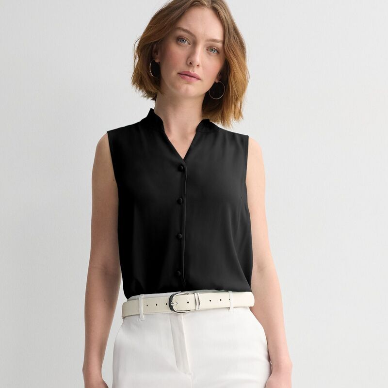 ナインウェスト レディース トップス プルオーバー フラウンス ノースリーブ 落ち込む トップ Women\u0027s Nine West Ruffle Collar Sleeveless Button-Down Blouse Mineral Black 黒いこと