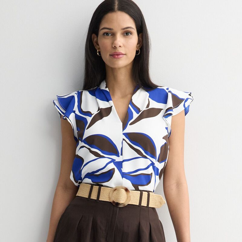 ナインウェスト レディース トップス プルオーバー トップ Women\u0027s Nine West Flutter Sleeve Blouse Blue Leafy Tropics 青み