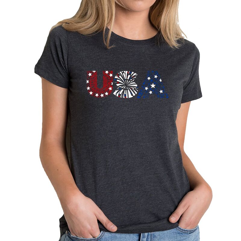 エルエーポップアート レディース トップス Tシャツ LA Pop Art Usa Fireworks - Women's Premium Blend Word Art-shirt Black ブラック｜ReVida 店