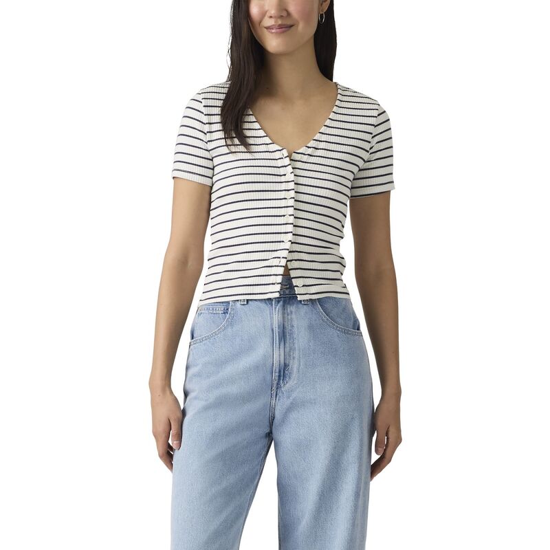 リーバイス レディース トップス Tシャツ Vネック Women's Levi's Muse V-Neck Short Sleeve T-Shirt Navy Stripe ネイビー｜ReVida 店