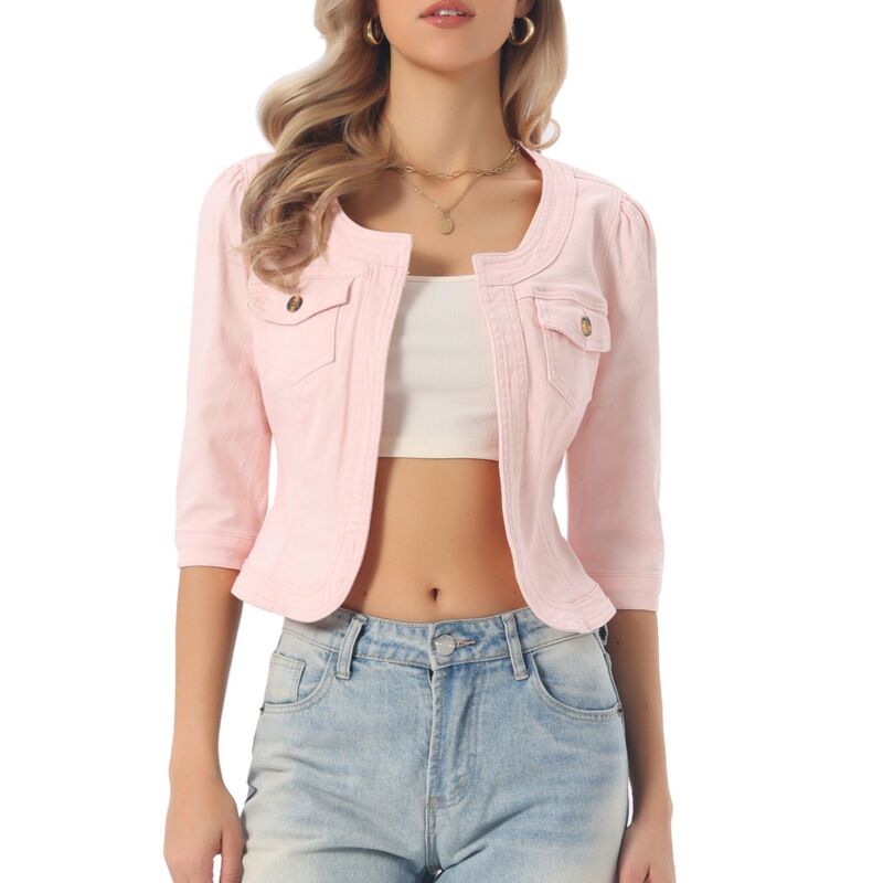アレグラ ケー レディース アウター ジャケット・ブルゾン デニム ALLEGRA K Women's Jean Jacket Collarless 3/4 Sleeve Denim Jackets Light Pink ピンク｜ReVida 店