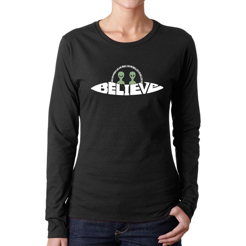 エルエーポップアート レディース トップス Tシャツ LA Pop Art Believe UFO - Women Word Art Long Sleeve T-Shirt Black ブラック