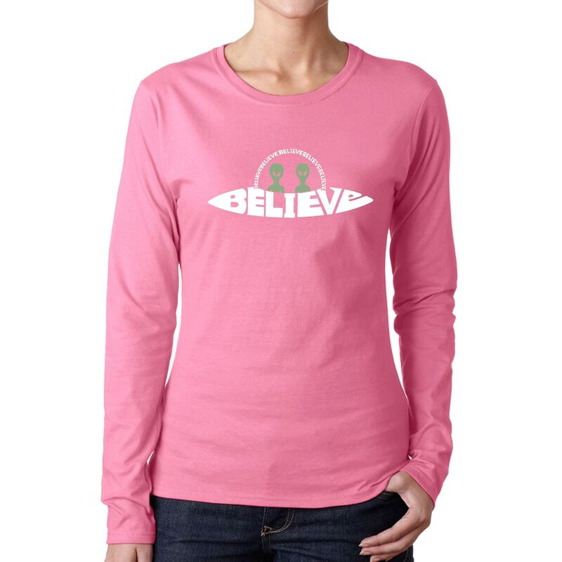 エルエーポップアート レディース トップス Tシャツ LA Pop Art Believe UFO - Women Word Art Long Sleeve T-Shirt Pink ピンク