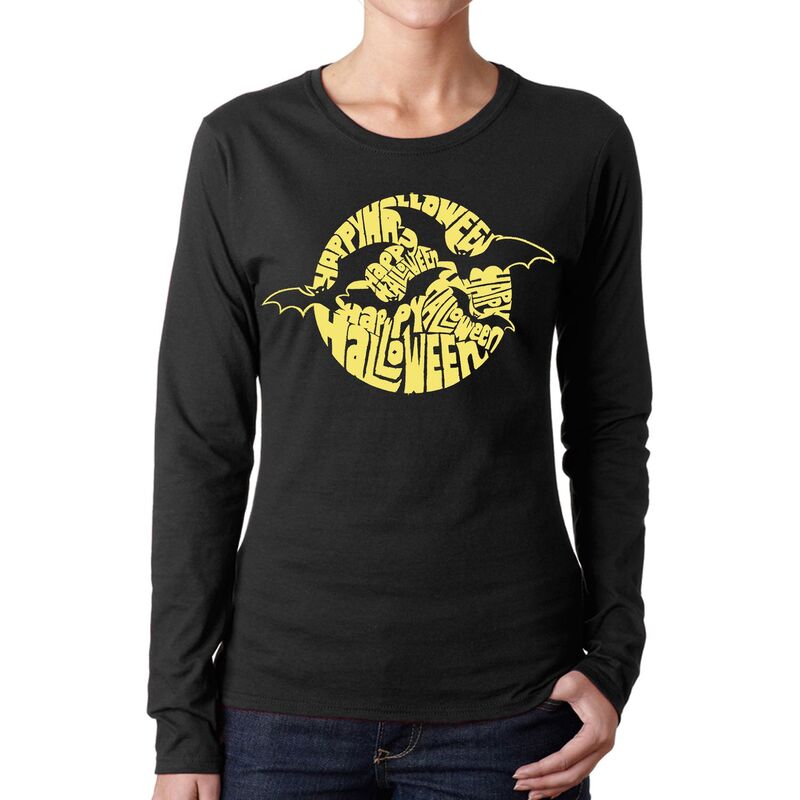 エルエーポップアート レディース トップス Tシャツ LA Pop Art Women Word Art Long Sleeve T-Shirt - Halloween Bats Black ブラック
