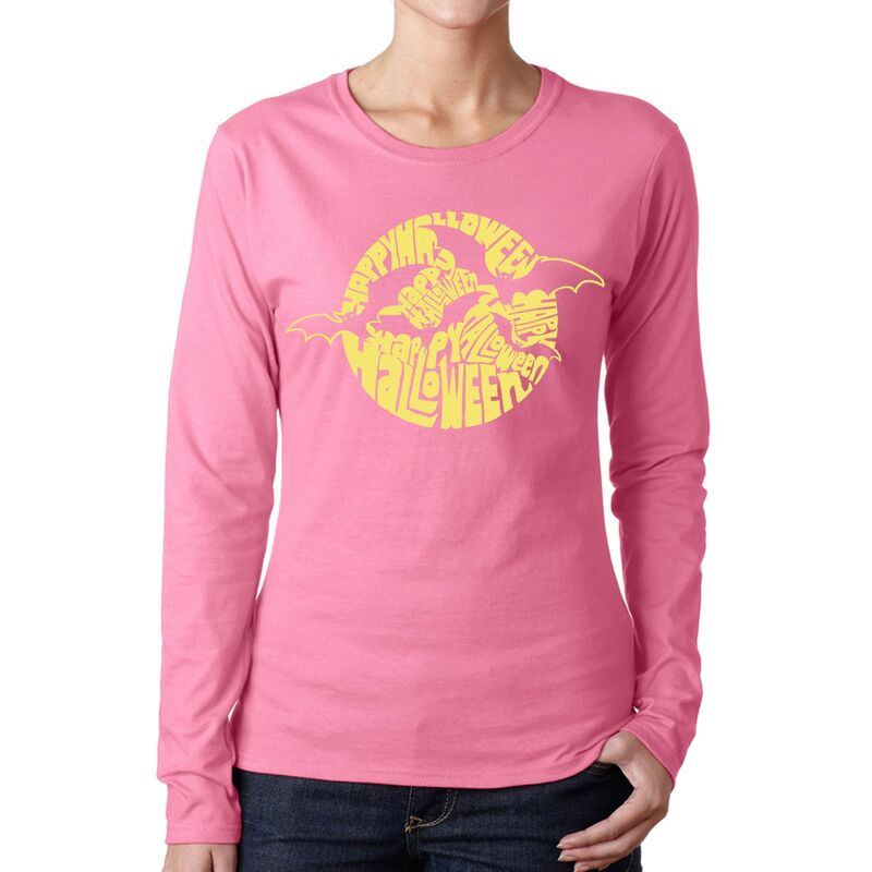 エルエーポップアート レディース トップス Tシャツ LA Pop Art Women Word Art Long Sleeve T-Shirt - Halloween Bats Pink ピンク