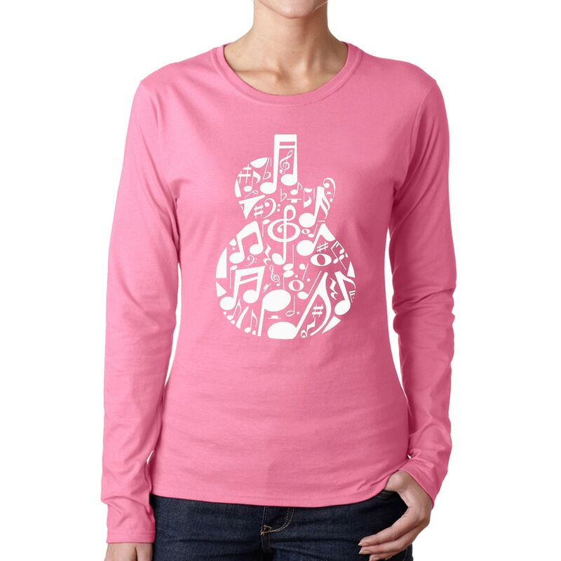 エルエーポップアート レディース トップス Tシャツ LA Pop Art Music Notes Guitar - Women Word Art Long Sleeve T-Shirt Pink ピンク
