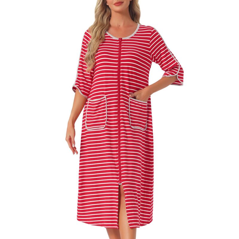 cheibear レディース アンダーウェア ナイトウェア cheibear Women's Zip Front Robe 3/4 Sleeve Striped Long Bathrobe Dress Pajama Red レッド｜ReVida 店 11,235円
