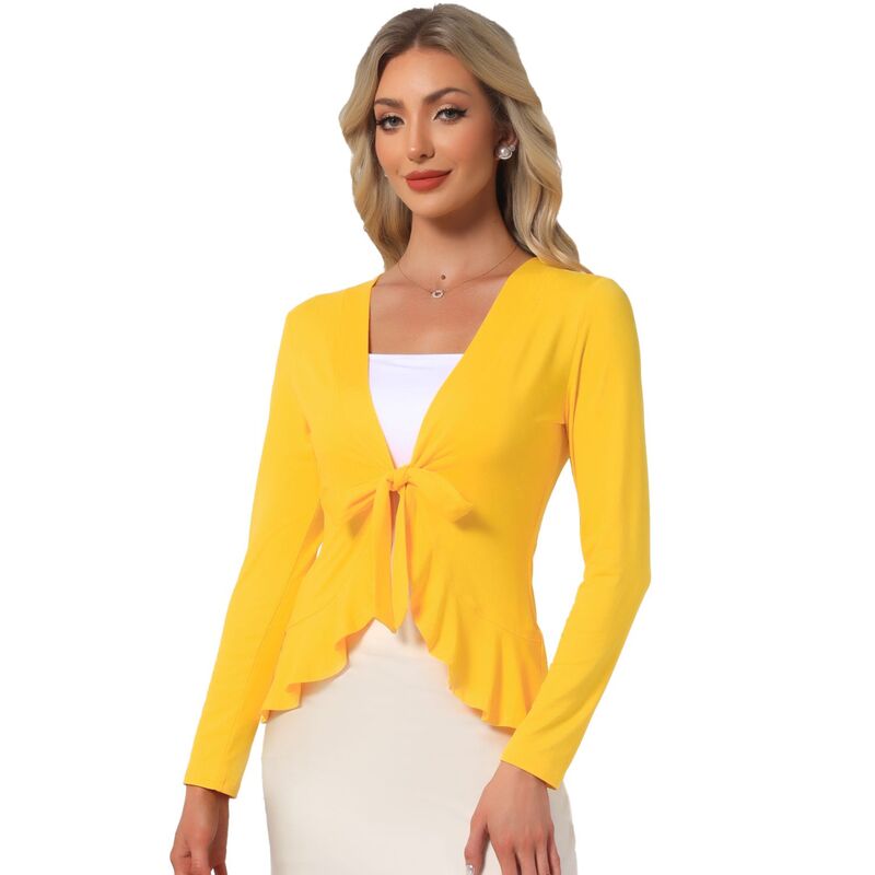 アレグラ ケー レディース アウター ニット・セーター フリル トール カーディガン ALLEGRA K Women's Tie Open Front Long Sleeve Knit Metallic Ruffled Crop Cardigan Deep Yellow イエロー|ReVida 店