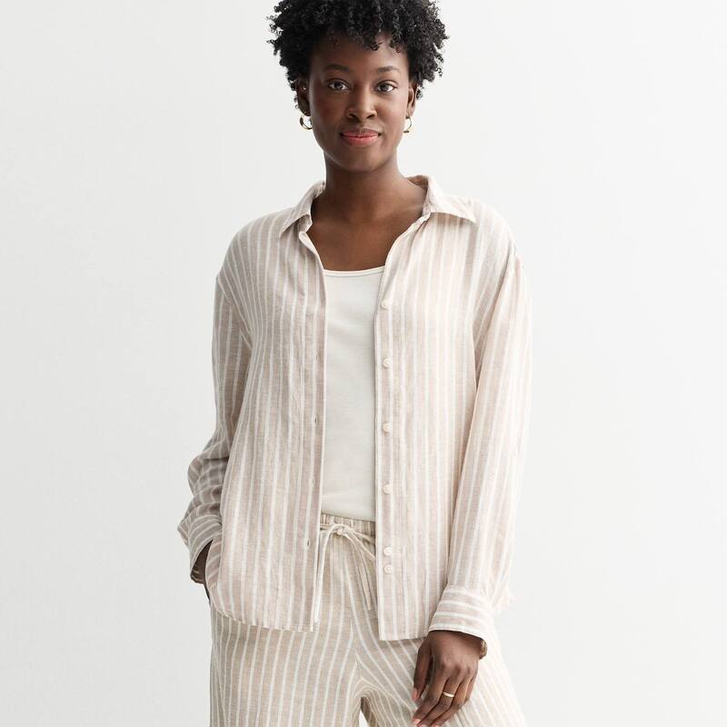ソノマ レディース トップス プルオーバー プチ リネン Petite Sonoma Goods For Life Linen Oversized Boyfriend Shirt Khaki Tan Stripe カーキ
