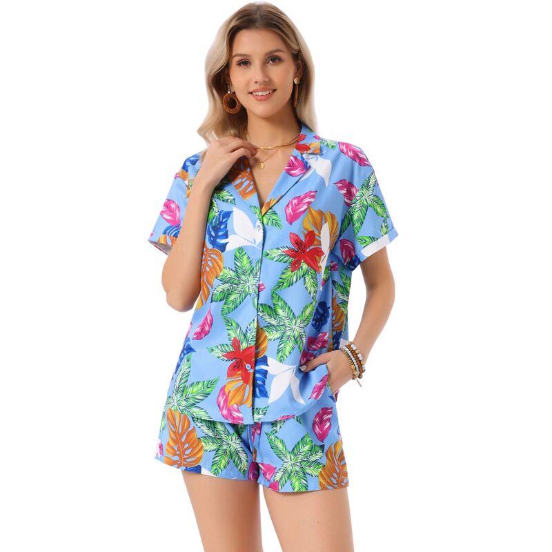 アレグラ ケー レディース アウター ジャケット・ブルゾン ボタンダウン シャツ ショートパンツ ダウン ALLEGRA K Women Hawaiian Shirt and Shortsetropical Summer Button Down Sets Blue ブルー|ReVida 店