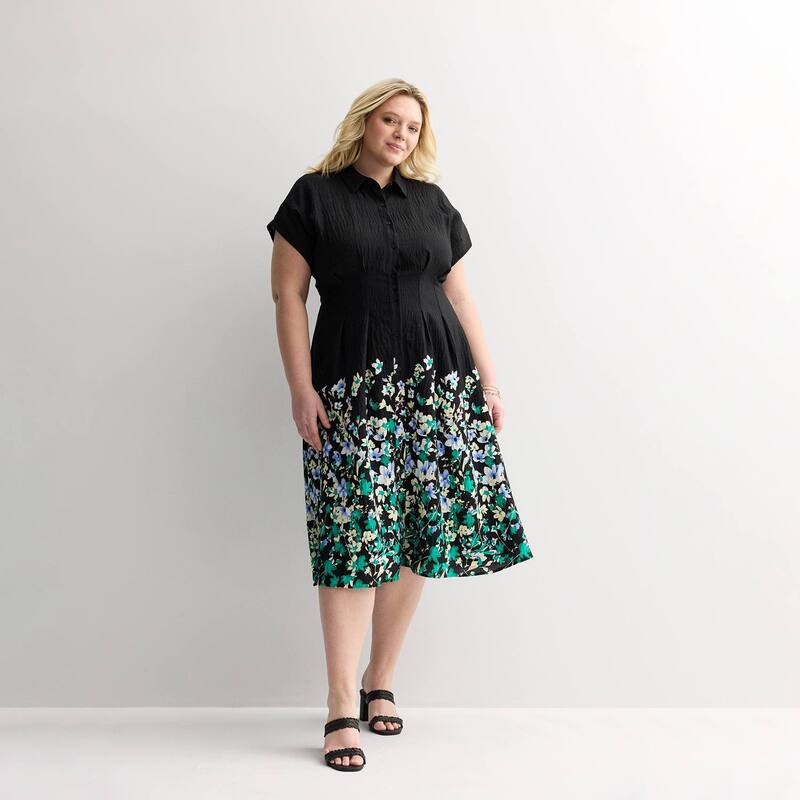 ナインウェスト レディース トップス 衣装 酉の方角目じるし 付け加える大いさ midi プルオーバー Plusize Nine West Cinched Waist Midi Shirt Dress Black Tessa Flora 黒いこと レディースファッション-ワンピース