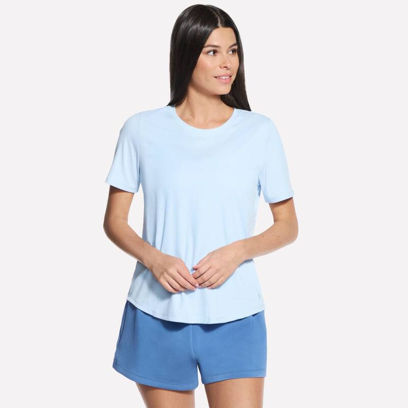 スケッチャーズ レディース トップス Tシャツ Women'skechers GO WALK Luxe Rib T-Shirt Rain Blue ブルー|ReVida 店