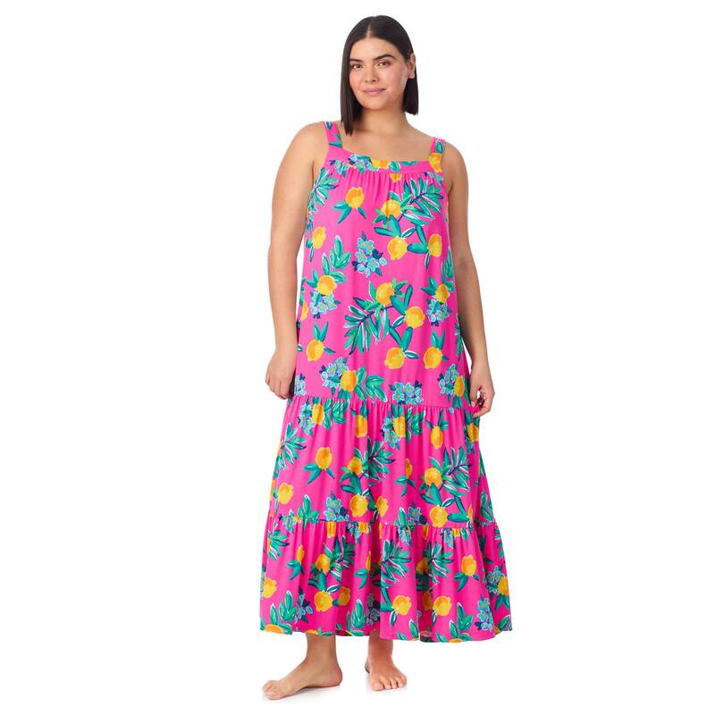 クドルドッズ レディース アンダーウェア ナイトウェア ティアード プラスサイズ マキシ Plusize Cuddl Duds Tiered Maxi Nightgown Fuchsia Citrus フューシャ｜ReVida 店