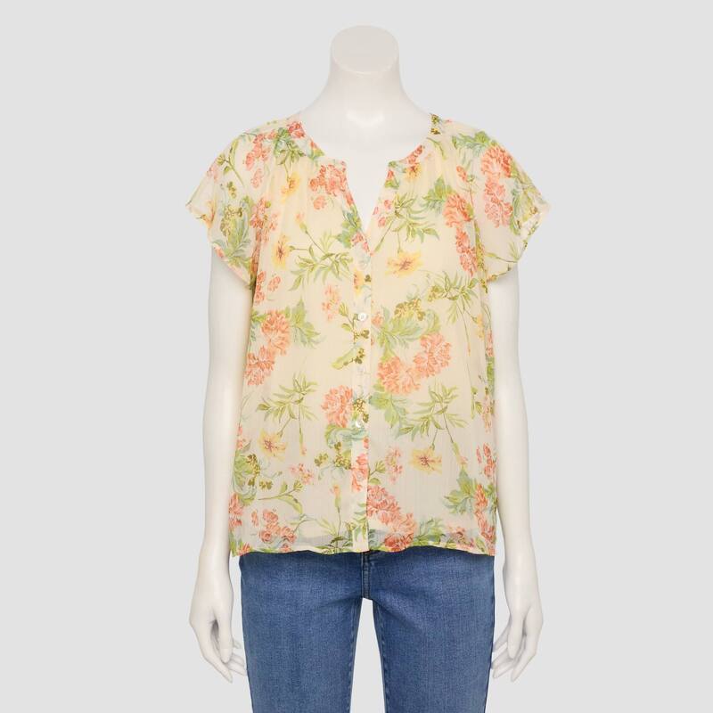 LC Lauren Conrad レディース トップス プルオーバー Women\u0027s LC Lauren Conrad Flutter Sleeve Button Frontop Cream Ida Wildflowers 皮膚軟化剤