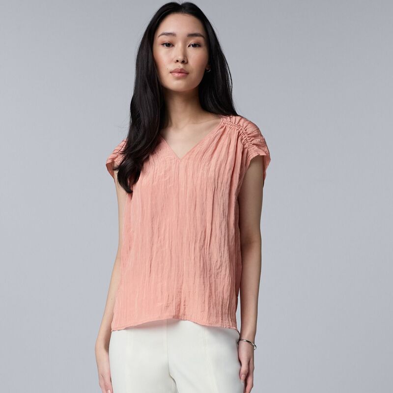 ヴェラウォン レディース トップス シャツ ギャザー キャップ Women'simply Vera Wang Ruched Cap Sleeve Topeach Pansy ピーチ｜ReVida 店