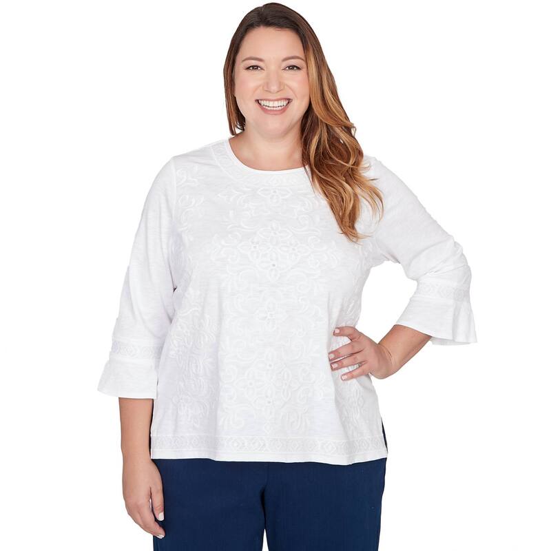 アルフレッド ダナー レディース トップス プルオーバー 足し加える大きさ 刺しゅう Plusize Alfredunner Embroidered Bell Sleeves Top White 白いこと