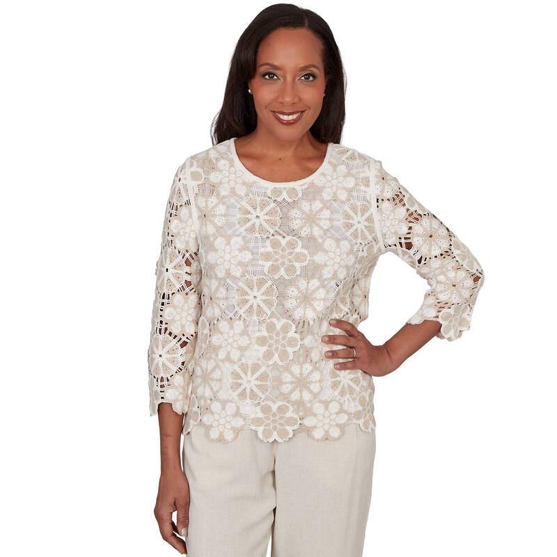 アルフレッド ダナー レディース トップス プルオーバー 御花柄 プチ 御花 Petite Alfredunner Floral Crochethree-Quarter Sleeve Top Neutral Multi マルチ色つや