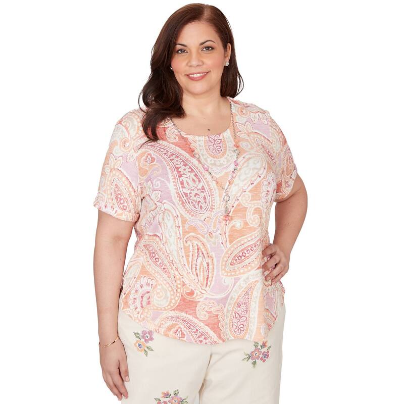 アルフレッド ダナー レディース トップス Tシャツ プラスサイズ レース Plusize Alfredunner Paisley Short Sleeve Tee with Necklace Apricot アプリコット｜ReVida 店