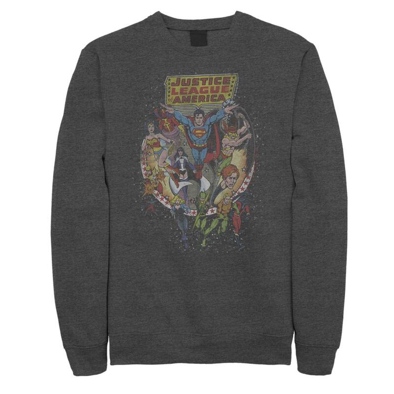 アニメキャラクター レディース トップス Tシャツ スウェット Licensed Character Men's DComics Justice League Group Shot Distressed Poster Sweatshirt Charcoal Heather チャコール｜ReVida 店