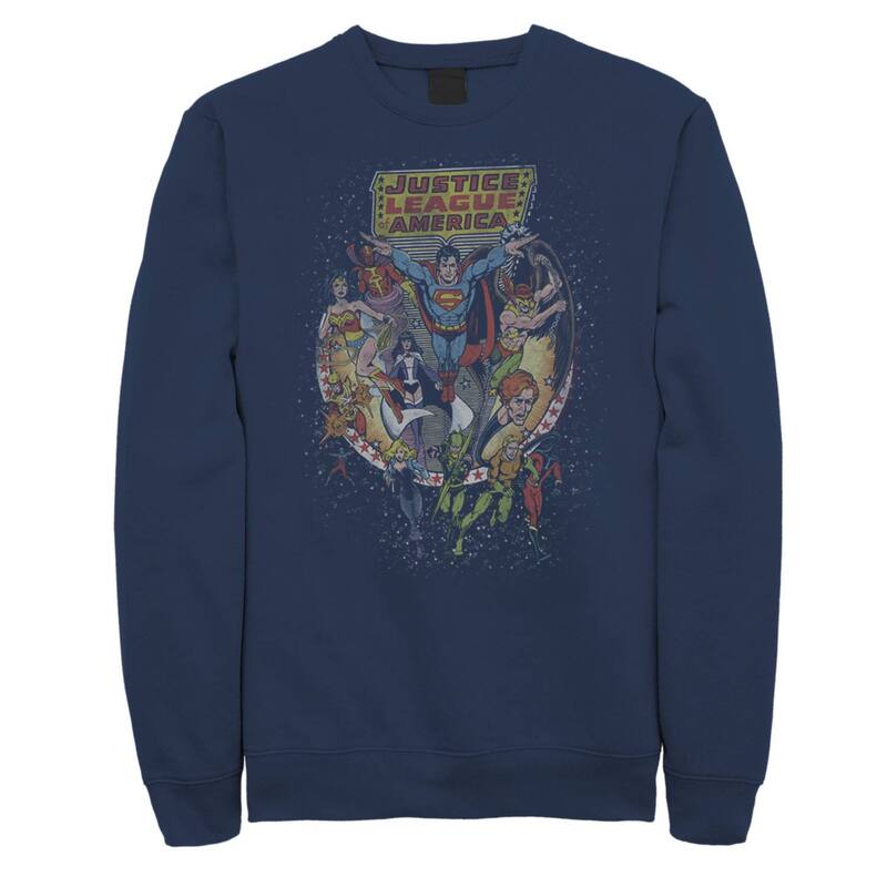 アニメ文字記号 レディース トップス ティーシャツ 流汗 Licensed Character Men\u0027s DComics Justice League Group Shot Distressed Poster Sweatshirt Navy 米国海軍 トップス-レディースファッション-Tシャツ・カットソー