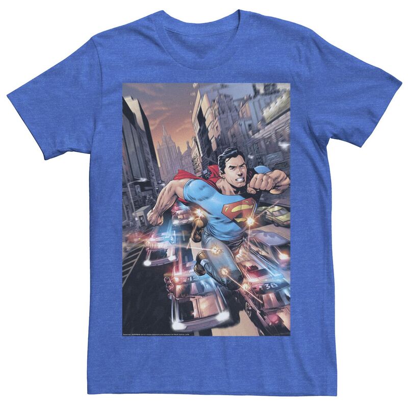 アニメキャラクター レディース トップス Tシャツ Licensed Character Men DComicsuperman Flashing Lights Poster Tee Royal Heather ヘザー