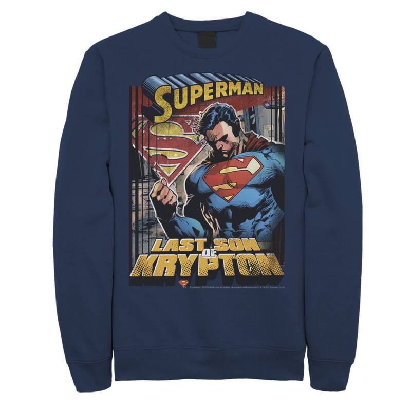 アニメ文字記号 レディース トップス ティーシャツ 流汗 Licensed Character Men\u0027s DComicsuperman Last Son Of Krypton Text Poster Sweatshirt Navy 米国海軍 トップス-レディースファッション-Tシャツ・カットソー