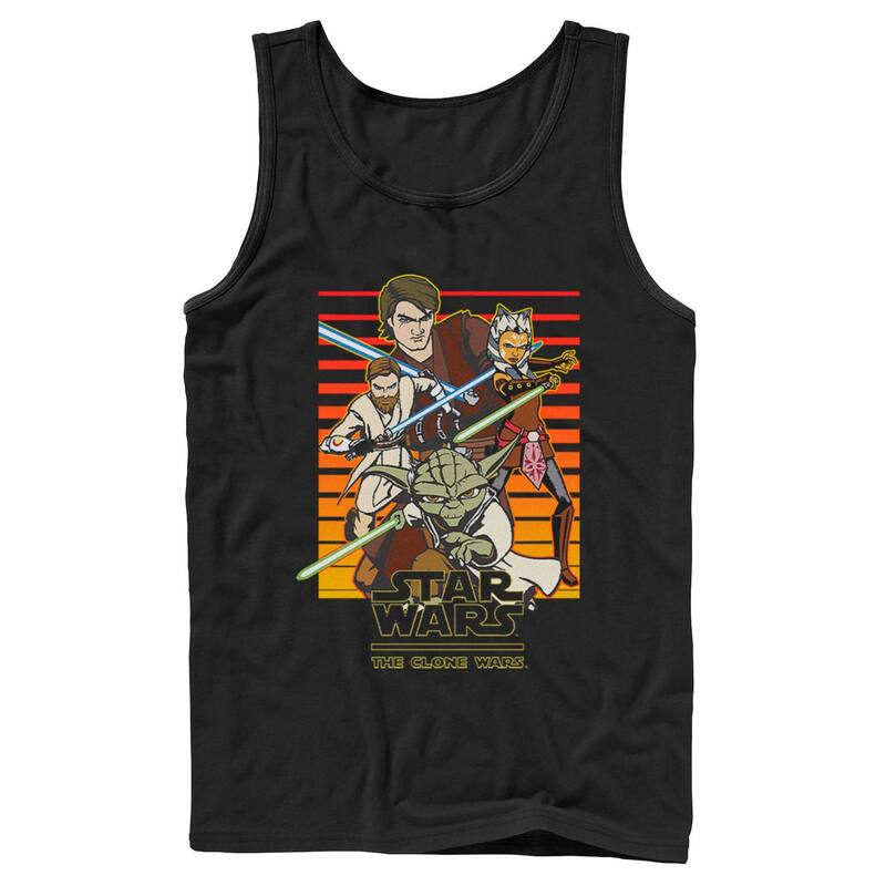 アニメキャラクター レディース トップス Tシャツ Licensed Character Mentar Wars: Clone Wars Jedi Group Shot Retro Line Tank Top Black ブラック
