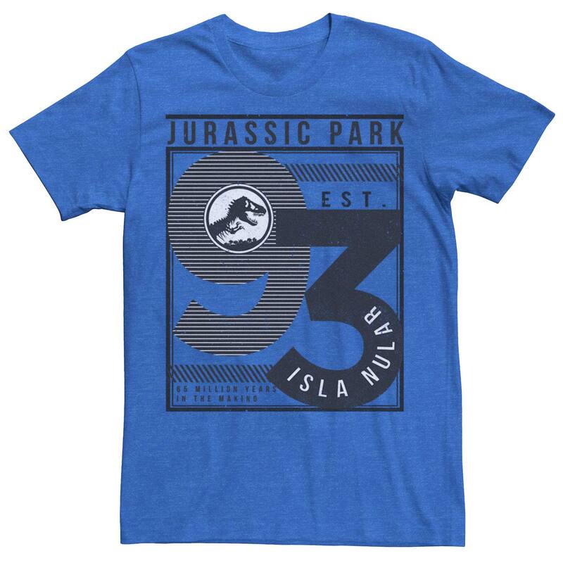 アニメキャラクター レディース トップス Tシャツ Licensed Character Men Jurassic Park Est. 93 Isla Nublar Poster Tee Royal Heather ヘザー