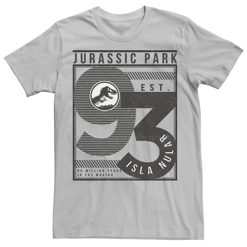 アニメキャラクター レディース トップス Tシャツ Licensed Character Men Jurassic Park Est. 93 Isla Nublar Poster Tee Silver シルバー