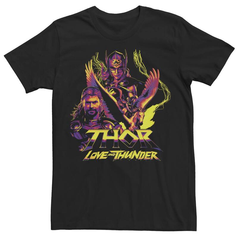 アニメキャラクター レディース トップス Tシャツ Licensed Character Men Marvel Thor Love And Thunder Character Pyramid Thor and Female Thor Tee Black ブラック