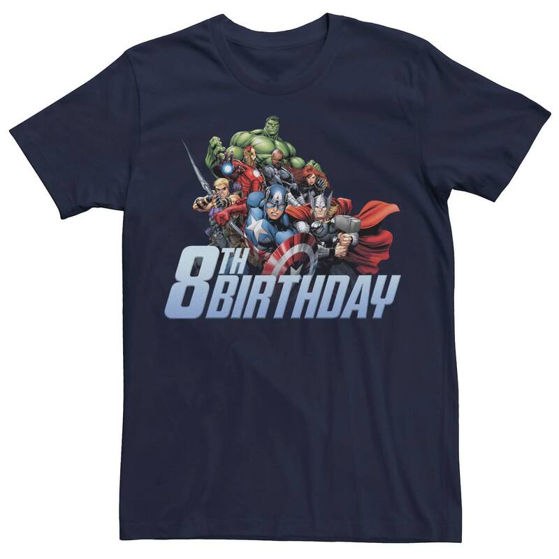 アニメキャラクター レディース トップス Tシャツ Licensed Character Men Marvel Avengers Team 8th Birthday Tee Navy ネイビー