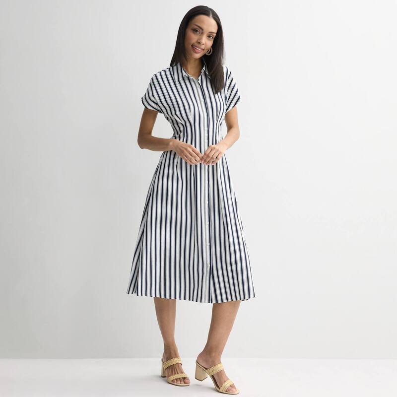 ナインウェスト レディース トップス 衣装 酉の方角目じるし プチ midi プルオーバー Petite Nine West Cinched Waist Midi Shirt Dress Navy Kora Stripe 米国海軍 ワンピース-レディースファッション