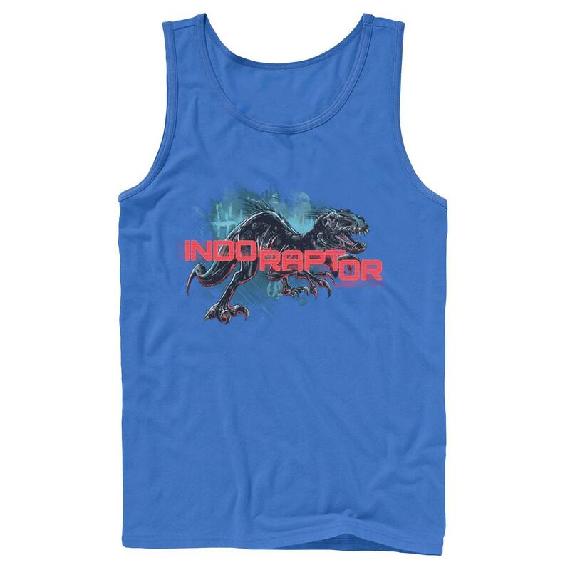 アニメキャラクター レディース トップス Tシャツ Licensed Character Men Jurassic World Indo Raptor Splatter Portraitank Top Royal
